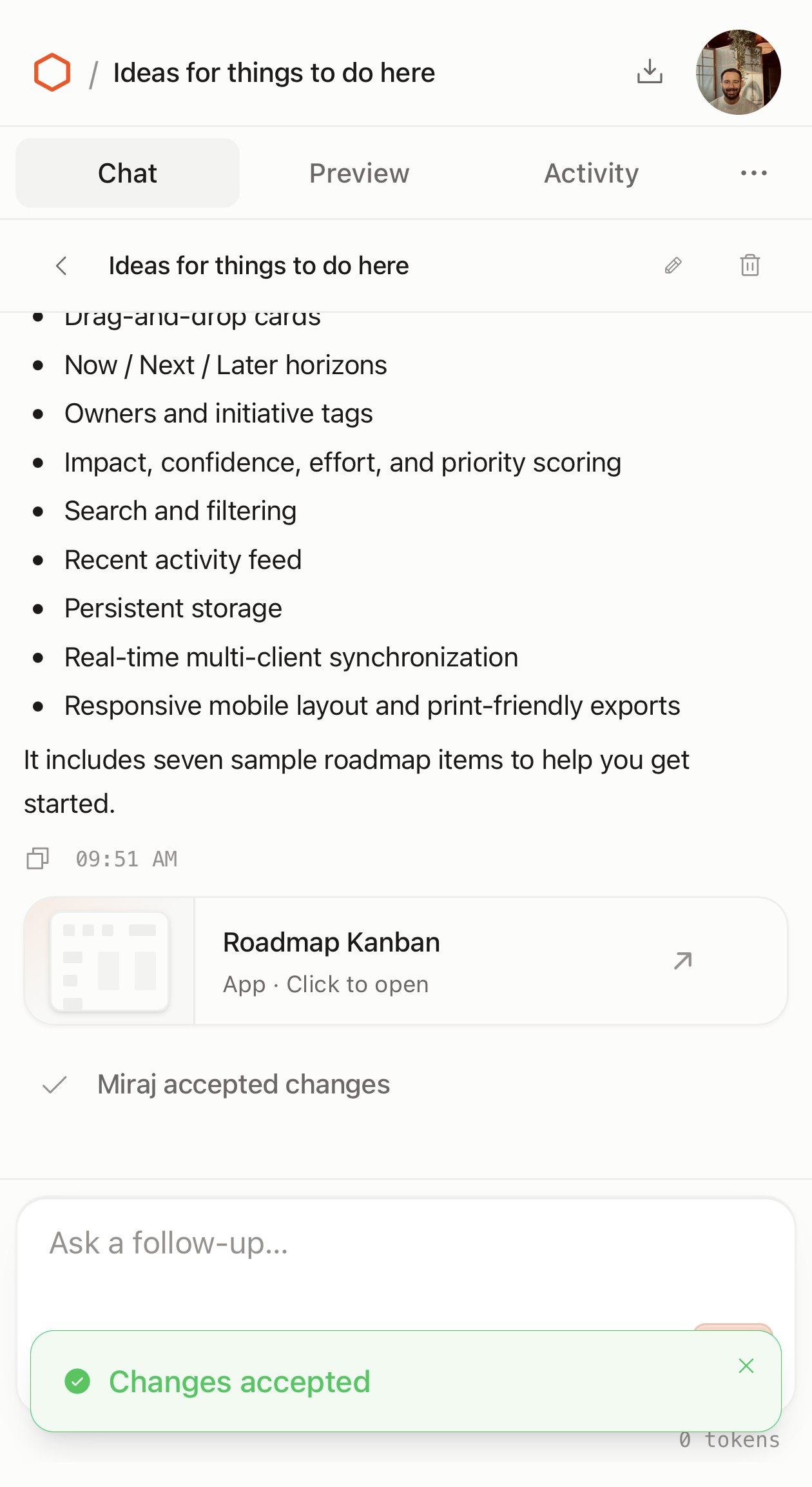 The same chat after accepting: the Roadmap Kanban card now reads App, Click to open, with a Changes accepted confirmation.