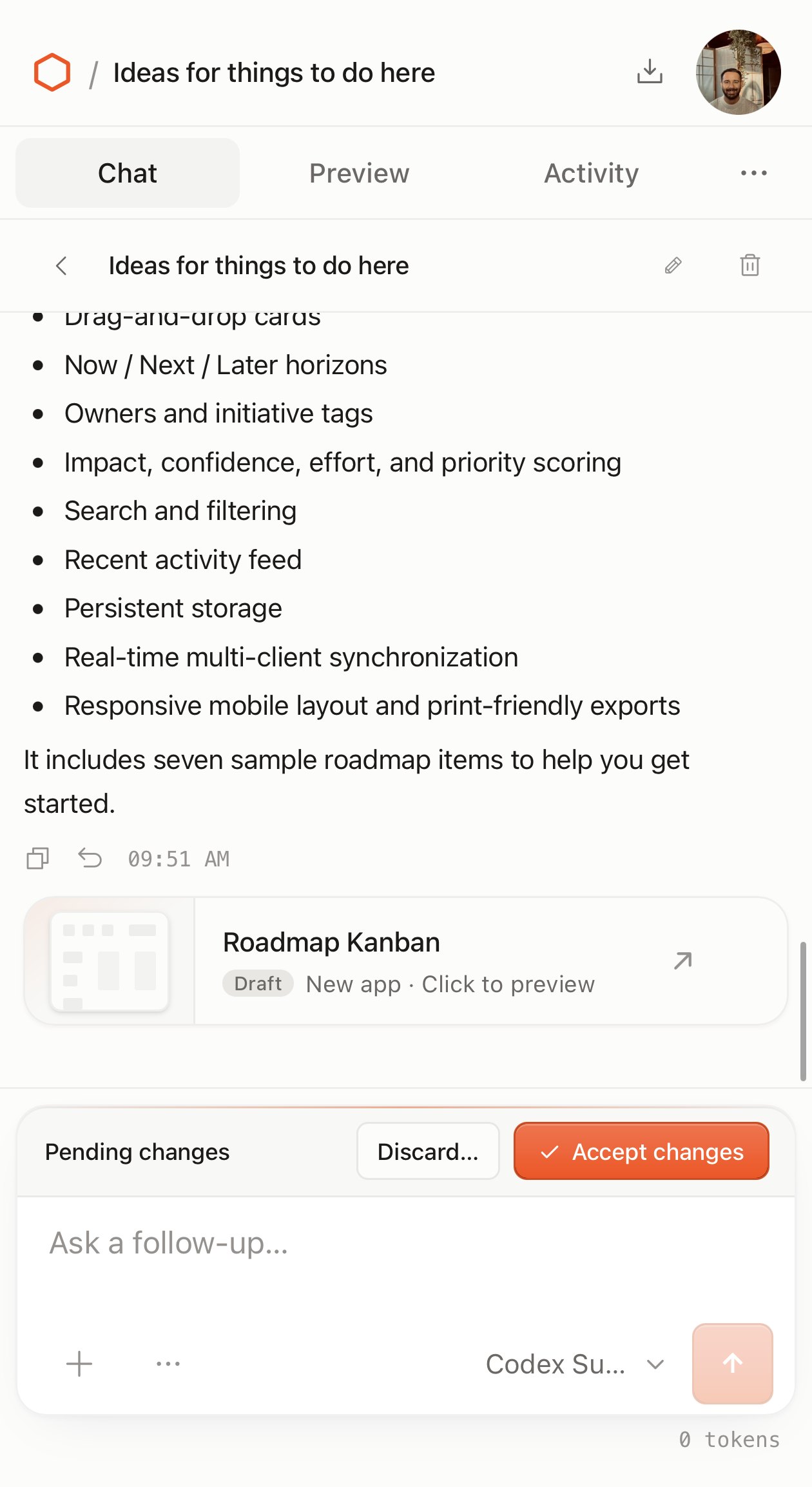 The finished response listing the board's features, a Roadmap Kanban draft app card, and a pending changes bar with Discard and Accept changes buttons.