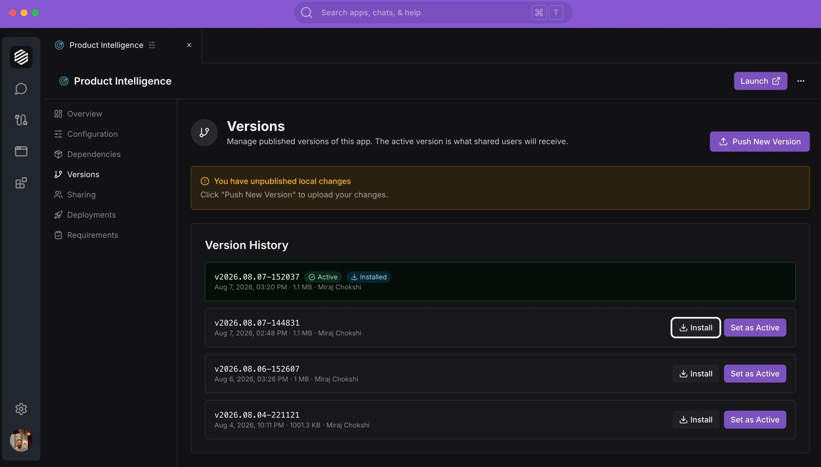 Version history in Synthetiq: dated versions with active and installed states, and controls to install or set a version active.